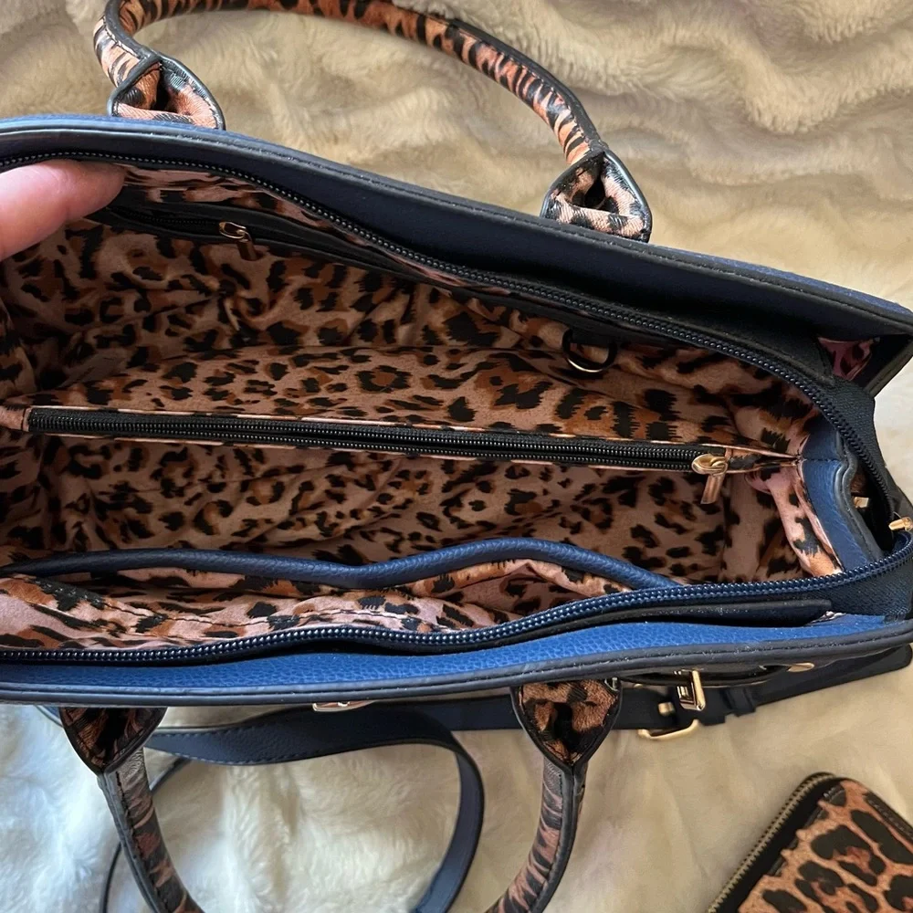 Blue Faux Leather Tote Handbag and Wallet Set